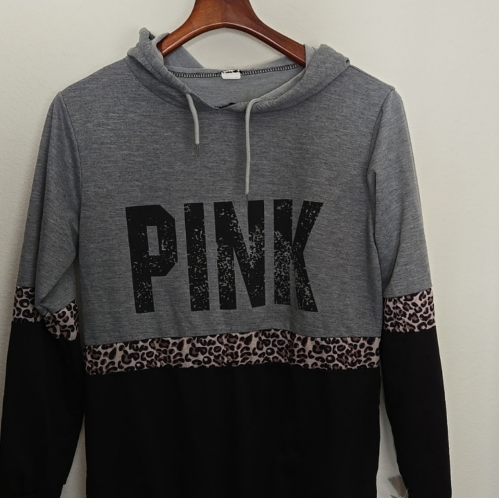 PINK VS Pullover Colorblock Cheetah Hoodie Blk & Gray - Picture 4 of 8